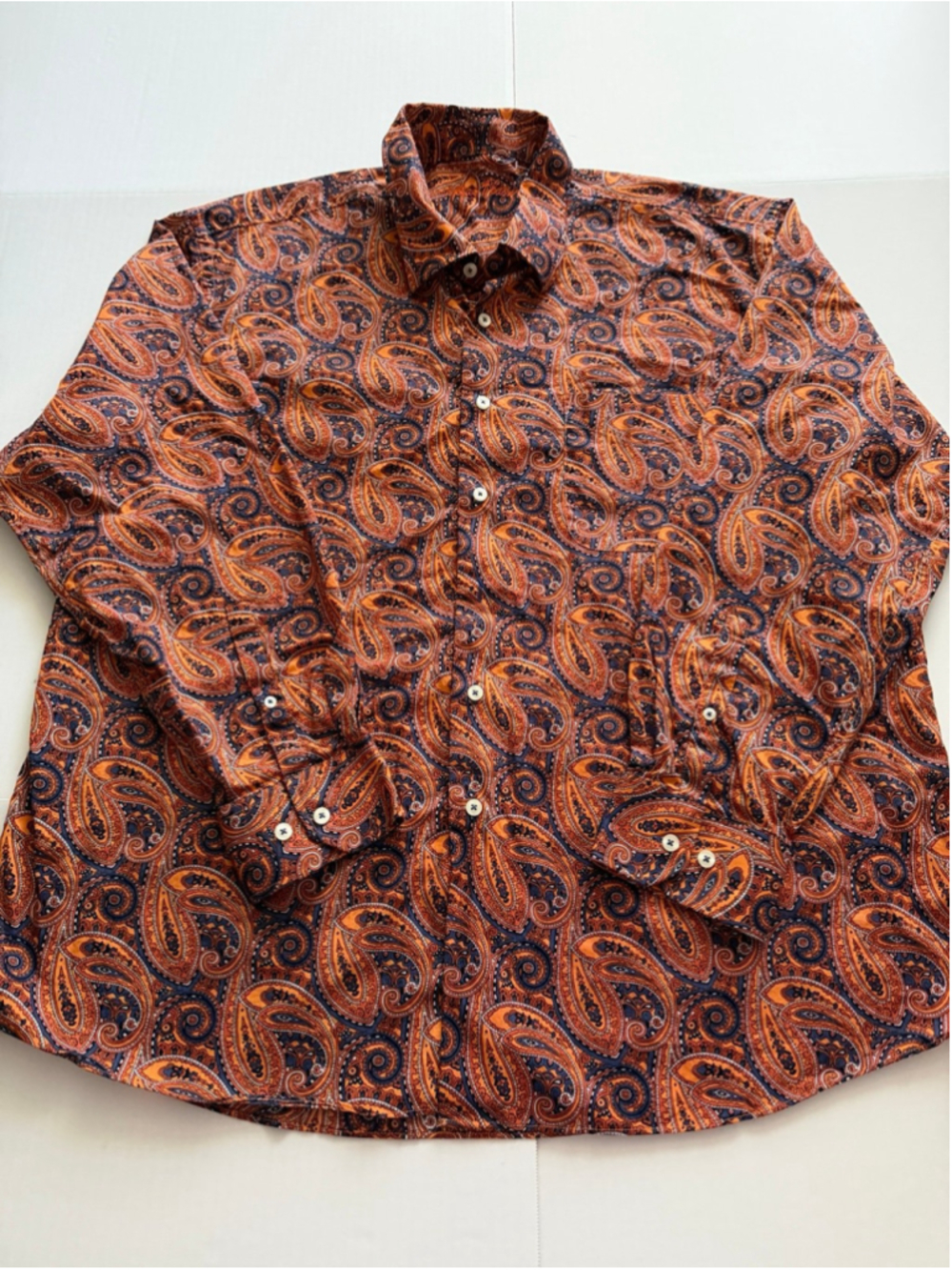 Alan Flusser long-sleeve, button-down shirt in orange, red, and blue paisley XXL